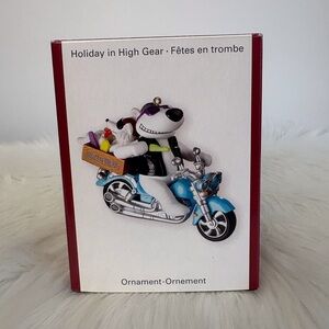 Holiday in High Gear Ornament - Blue and White Polar Bear/Dog on a Motorcycle